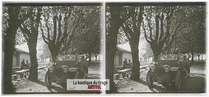 Automobile d’officiers, guerre WW1, plaque verre photo ancienne stéréo 6x13 cm