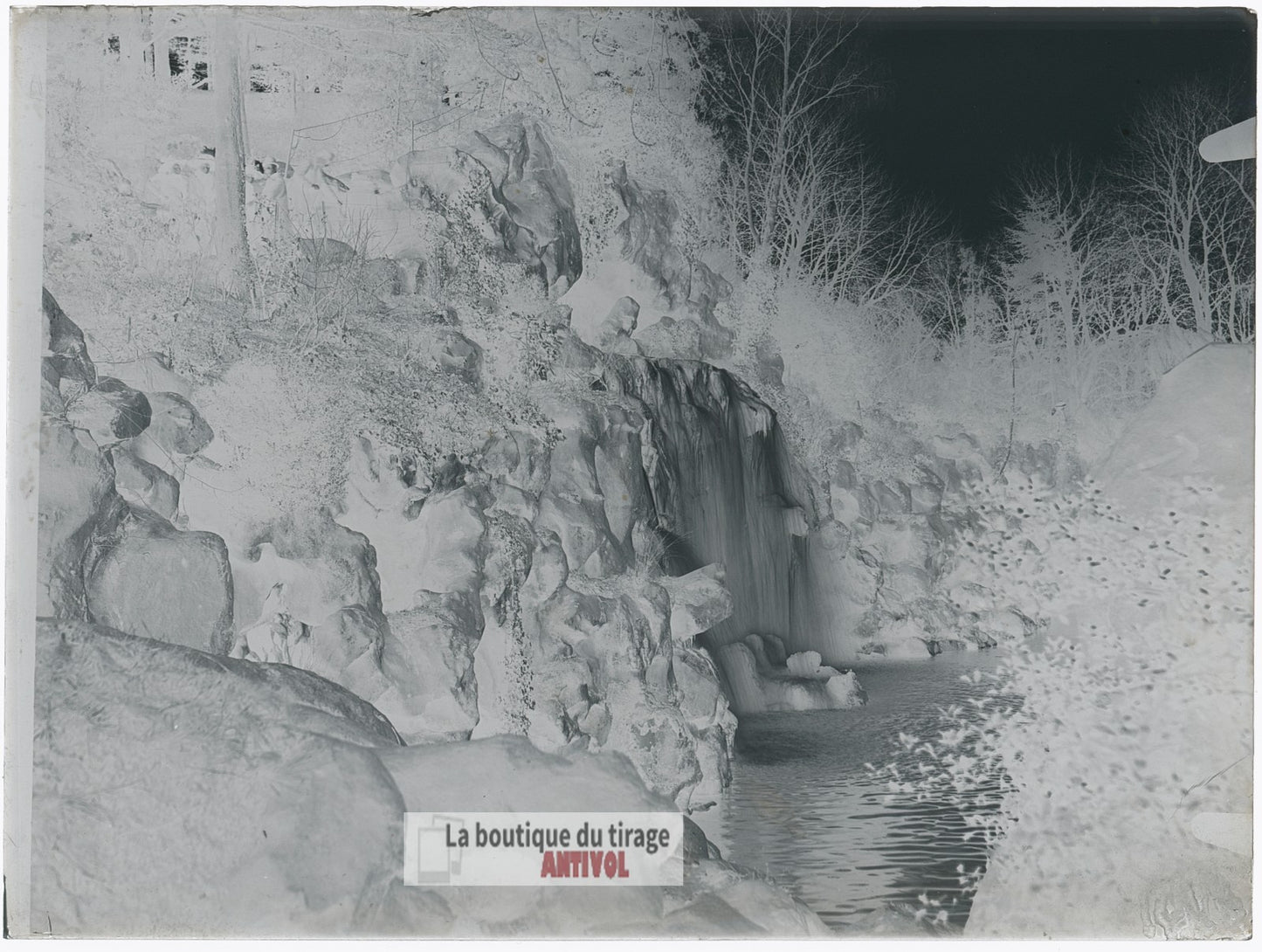 Cascade, Bois de Boulogne, Paris, plaque verre, photo ancienne, négatif 9x12 cm