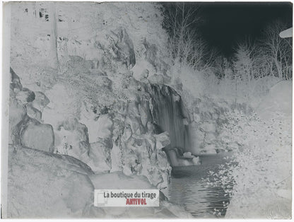Cascade, Bois de Boulogne, Paris, plaque verre, photo ancienne, négatif 9x12 cm
