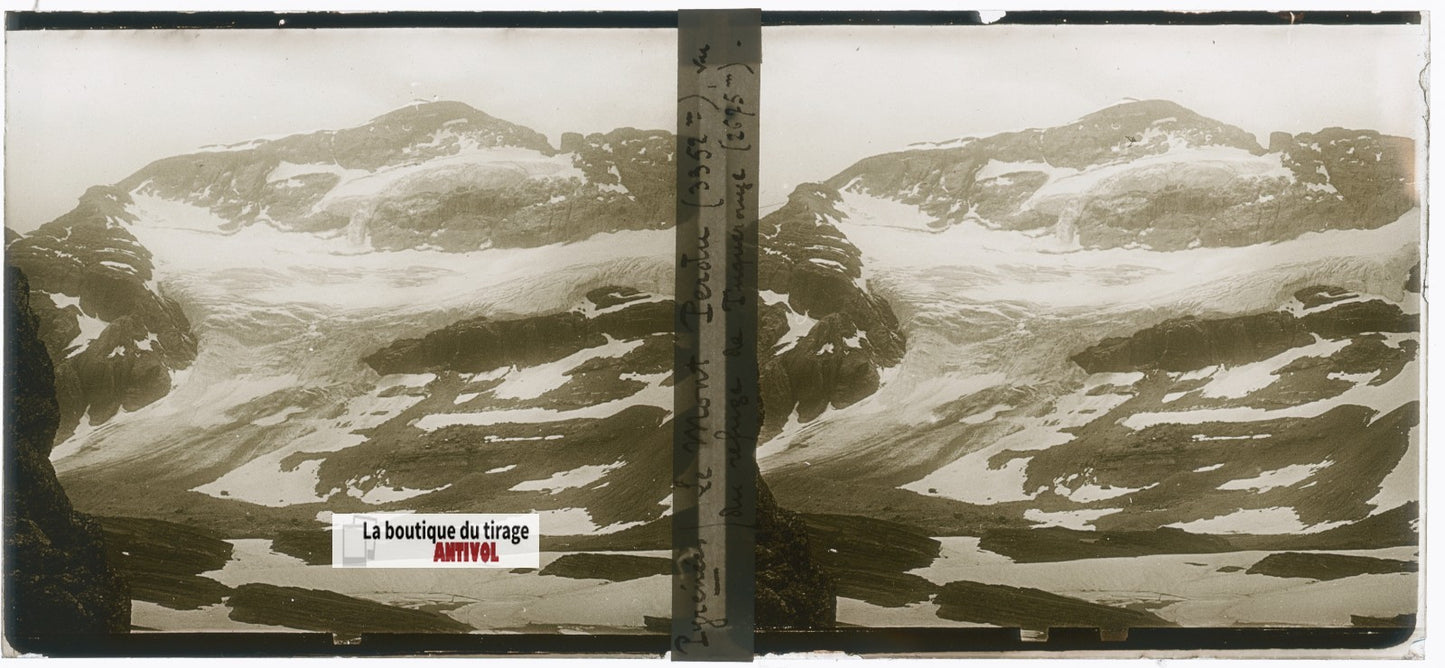 Mont Perdu Pyrénées, plaque verre, photo ancienne stéréo, noir & blanc 6x13 cm
