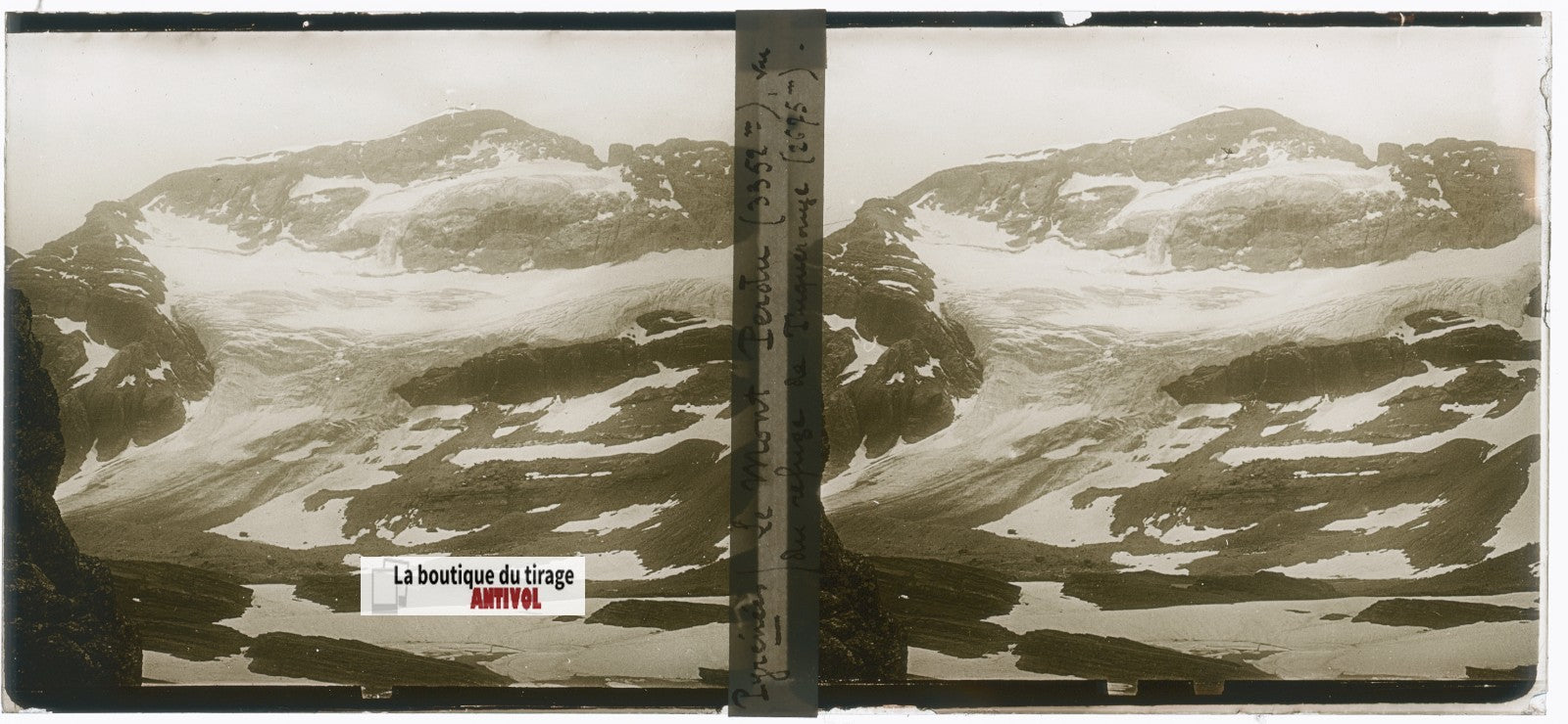Mont Perdu Pyrénées, plaque verre, photo ancienne stéréo, noir & blanc 6x13 cm