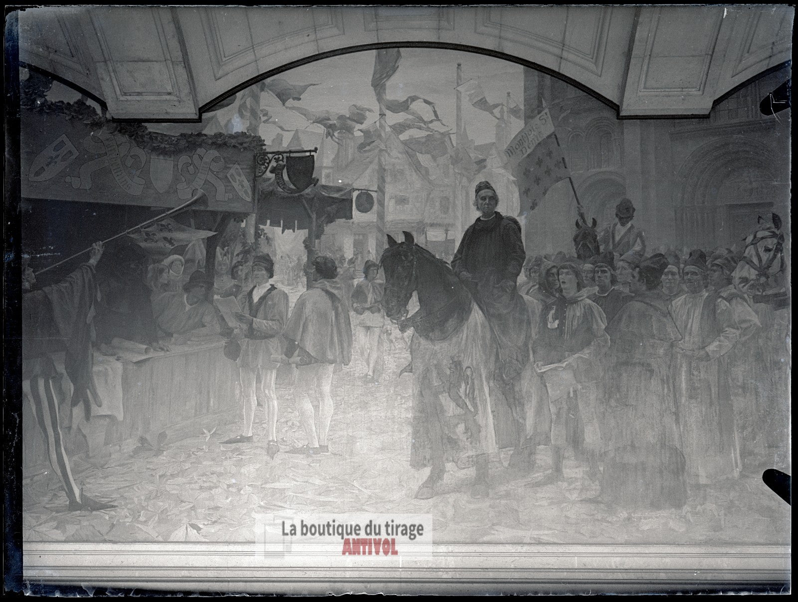 Fresque de la Sorbonne, Paris, plaque verre, photo ancienne, négatif 9x12 cm
