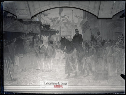 Fresque de la Sorbonne, Paris, plaque verre, photo ancienne, négatif 9x12 cm