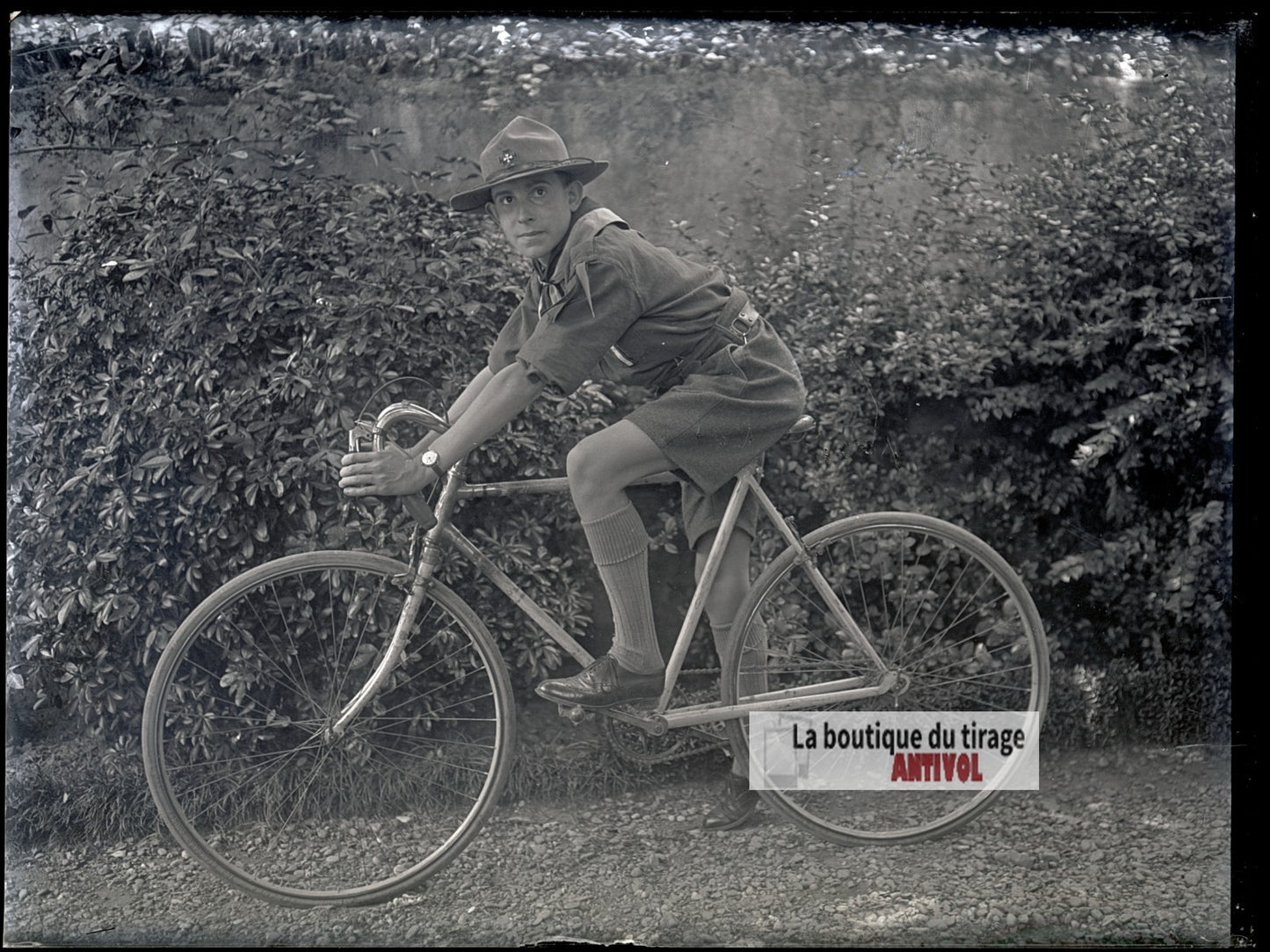 Jeune scout à bicyclette, portrait, plaque verre photo ancienne, négatif 9x12 cm