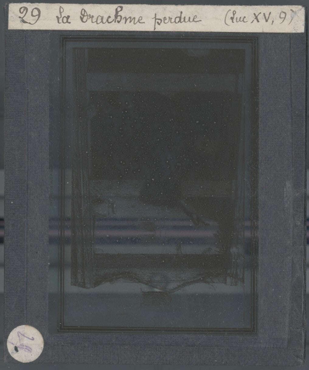 Luc, scène religieuse, dessin peinture plaque de verre, positif 8,5x10 cm