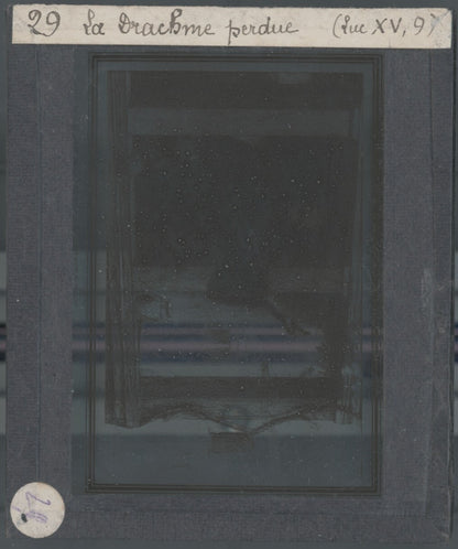 Luc, scène religieuse, dessin peinture plaque de verre, positif 8,5x10 cm