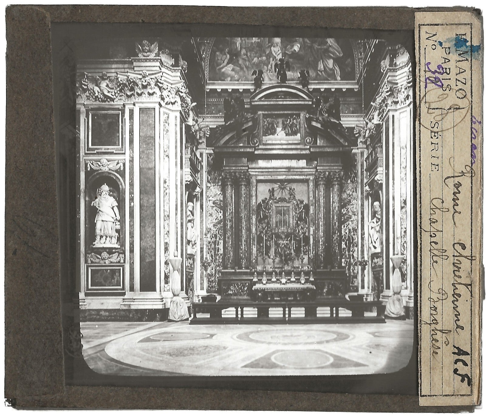 Chapelle Borghese, Rome, photo ancienne plaque verre, positif 8,5x10 cm