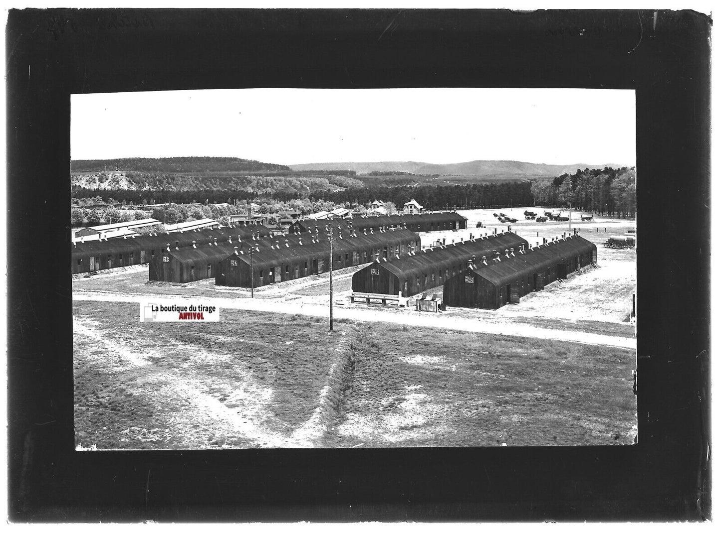 Plaque verre photo ancienne positif noir et blanc 13x18 cm camp militaire Bitche