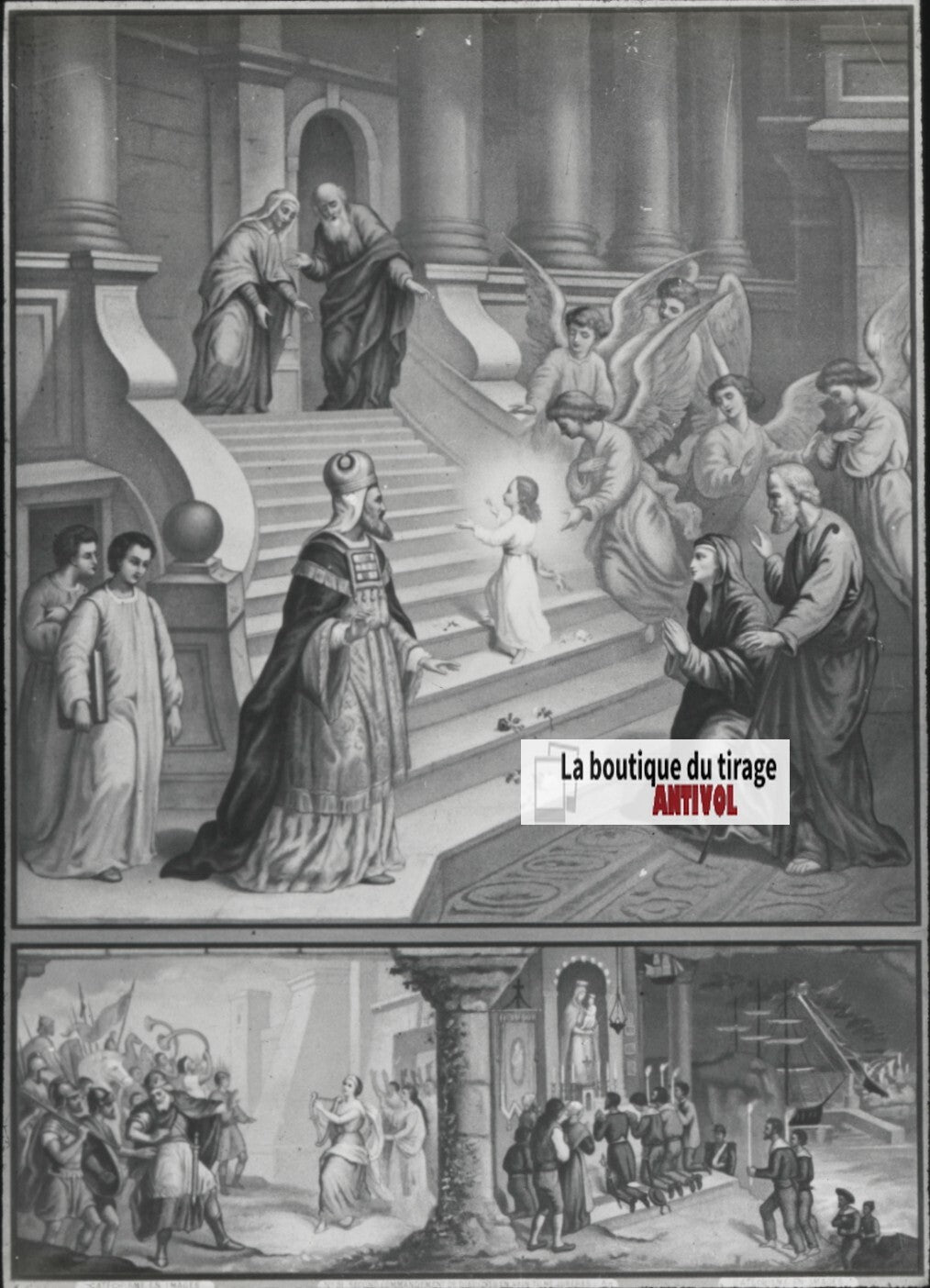 Scène religieuse, catéchisme, dessin peinture, plaque verre, positif 8,5x10 cm