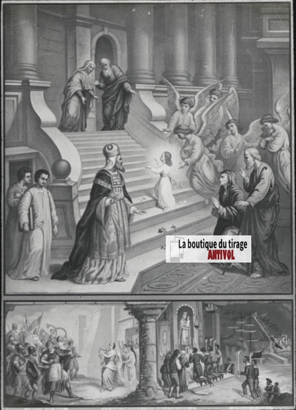 Scène religieuse, catéchisme, dessin peinture, plaque verre, positif 8,5x10 cm