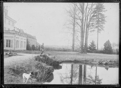 Plaque verre photo ancienne négatif noir et blanc 6x9 cm homme chien château 