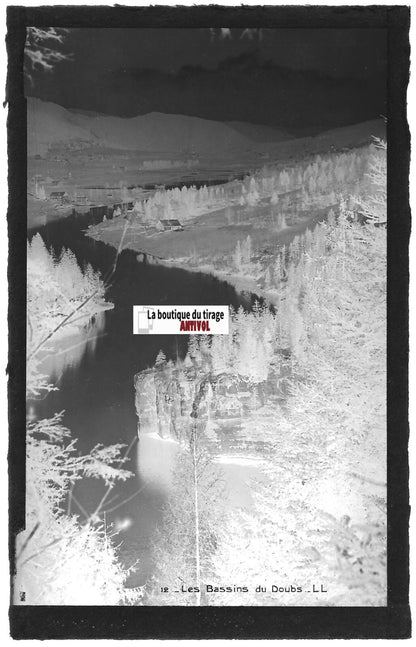 Plaque verre photo vintage, négatif noir & blanc 9x14 cm, les Bassins du Doubs