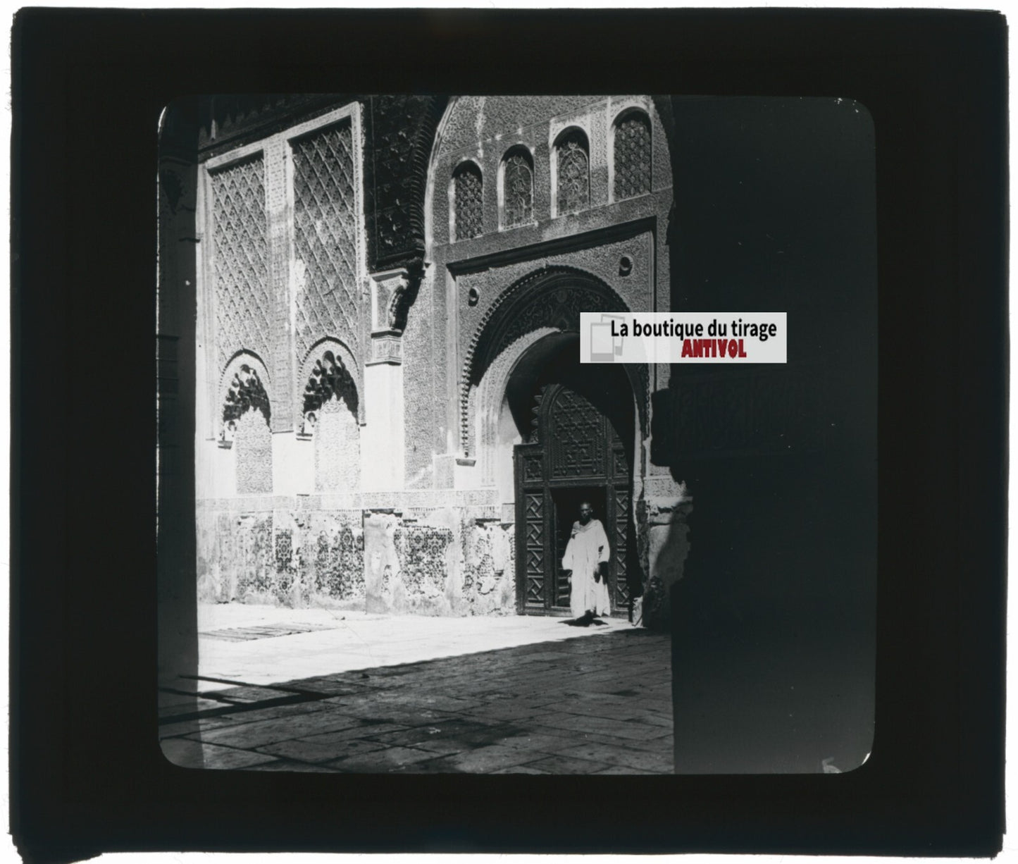 Medersa Ben Youssef, Marrakech, photo ancienne plaque verre, positif 8,5x10 cm