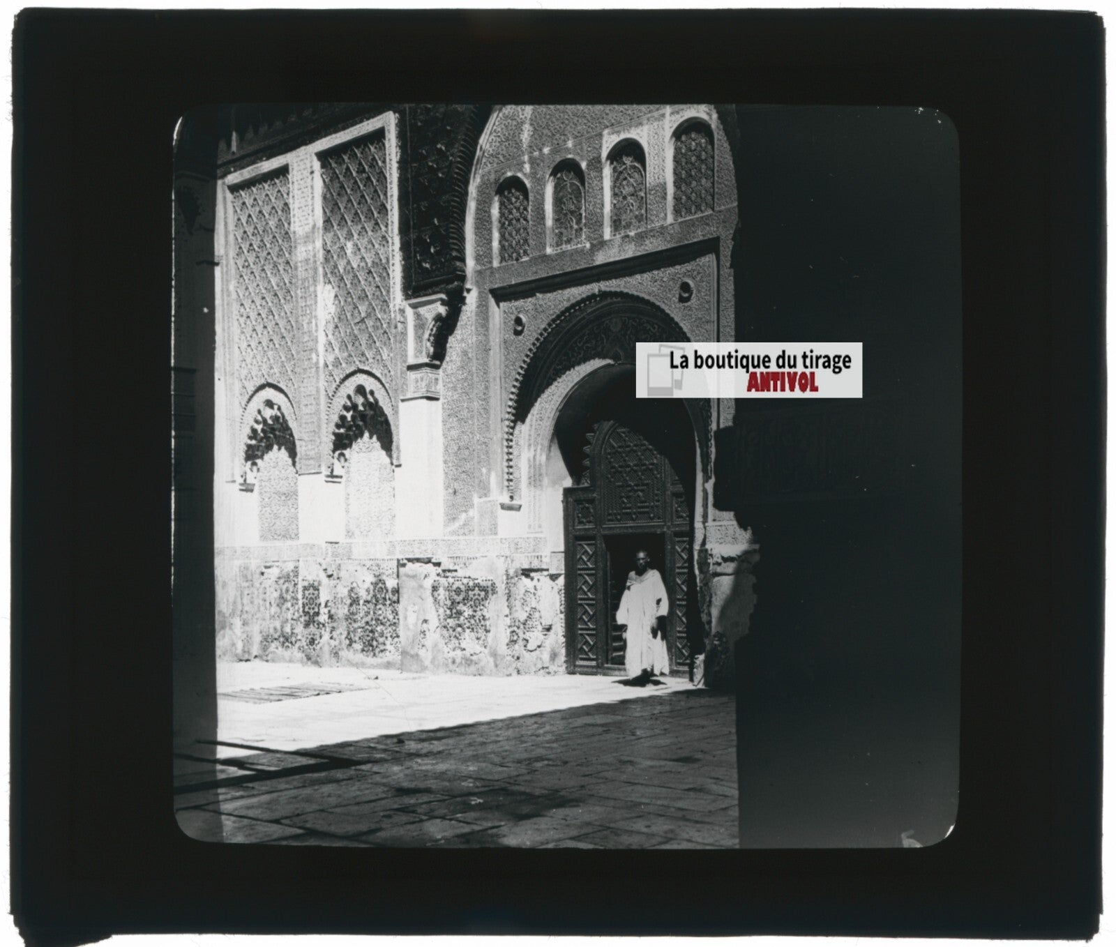 Medersa Ben Youssef, Marrakech, photo ancienne plaque verre, positif 8,5x10 cm