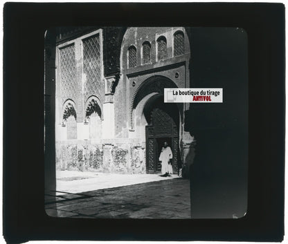 Medersa Ben Youssef, Marrakech, photo ancienne plaque verre, positif 8,5x10 cm