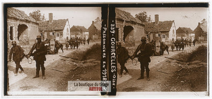 Courcelles, prisonniers allemands, plaque verre photo ancienne stéréo 6x13 cm