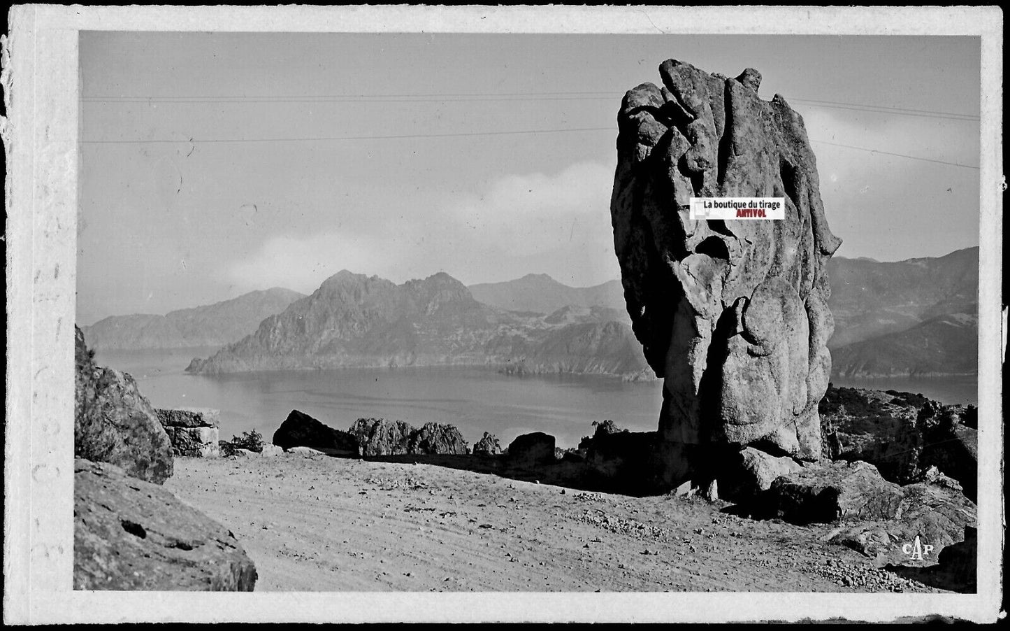 Plaque verre photo négatif noir & blanc 9x14 cm, Piana, Corse, calanques, mer