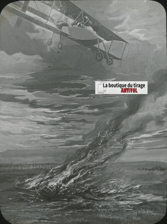 Dessin guerre 14-18, avion, plaque verre, noir & blanc, positif 8,5x10 cm