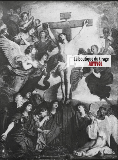 Scène religieuse, religion, dessin peinture, plaque verre, positif 8,5x10 cm