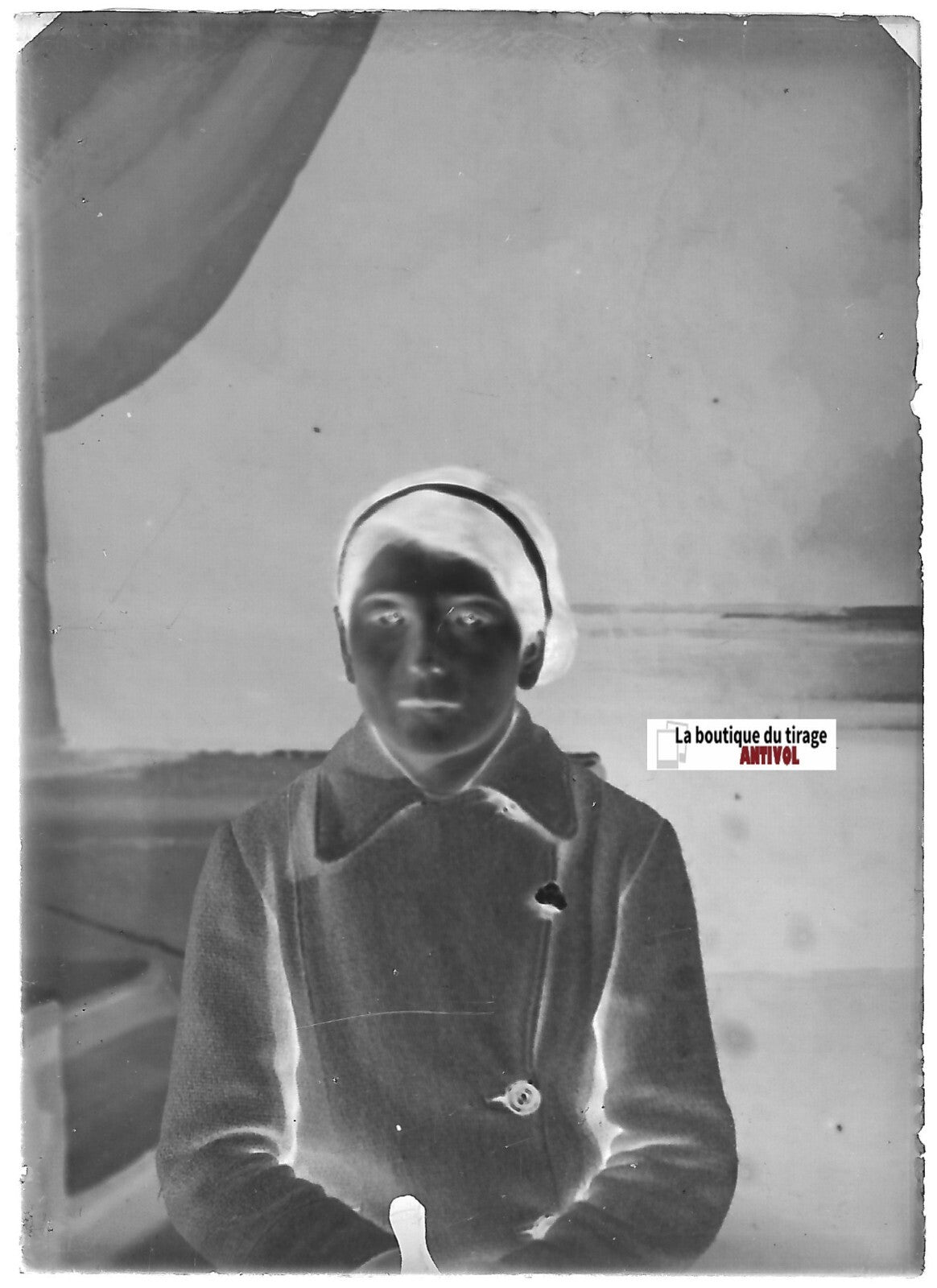 Portrait femme, Plaque verre photo, négatif ancien noir & blanc 6x9 cm