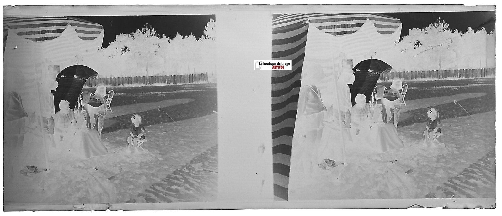 Plage, mer, Plaque verre photo stéréoscopique, négatif noir & blanc 4,5x10,7 cm