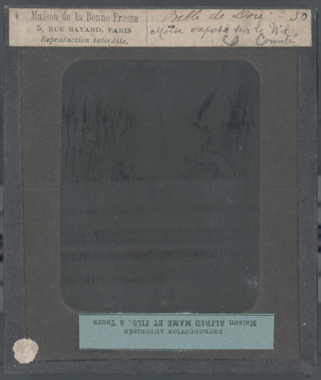 Moïse sur le Nil, Bible de Doré, dessin, plaque de verre, positif 8,5x10 cm
