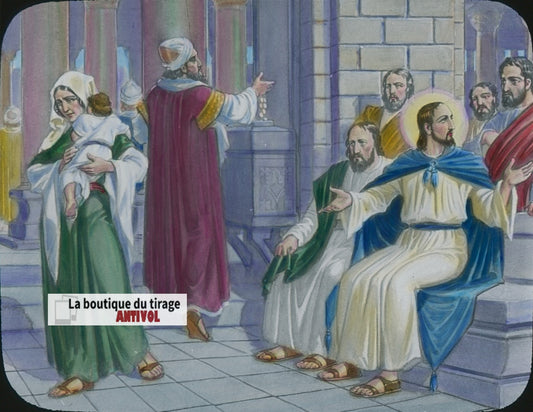 L’offrande de la veuve, Jésus, dessin, plaque verre ancienne, couleur 8,5x10 cm