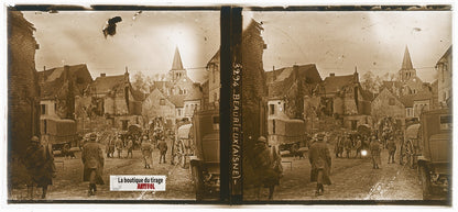 Beaurieux, soldats WW1 guerre, plaque verre, photo ancienne stéréo 6x13 cm