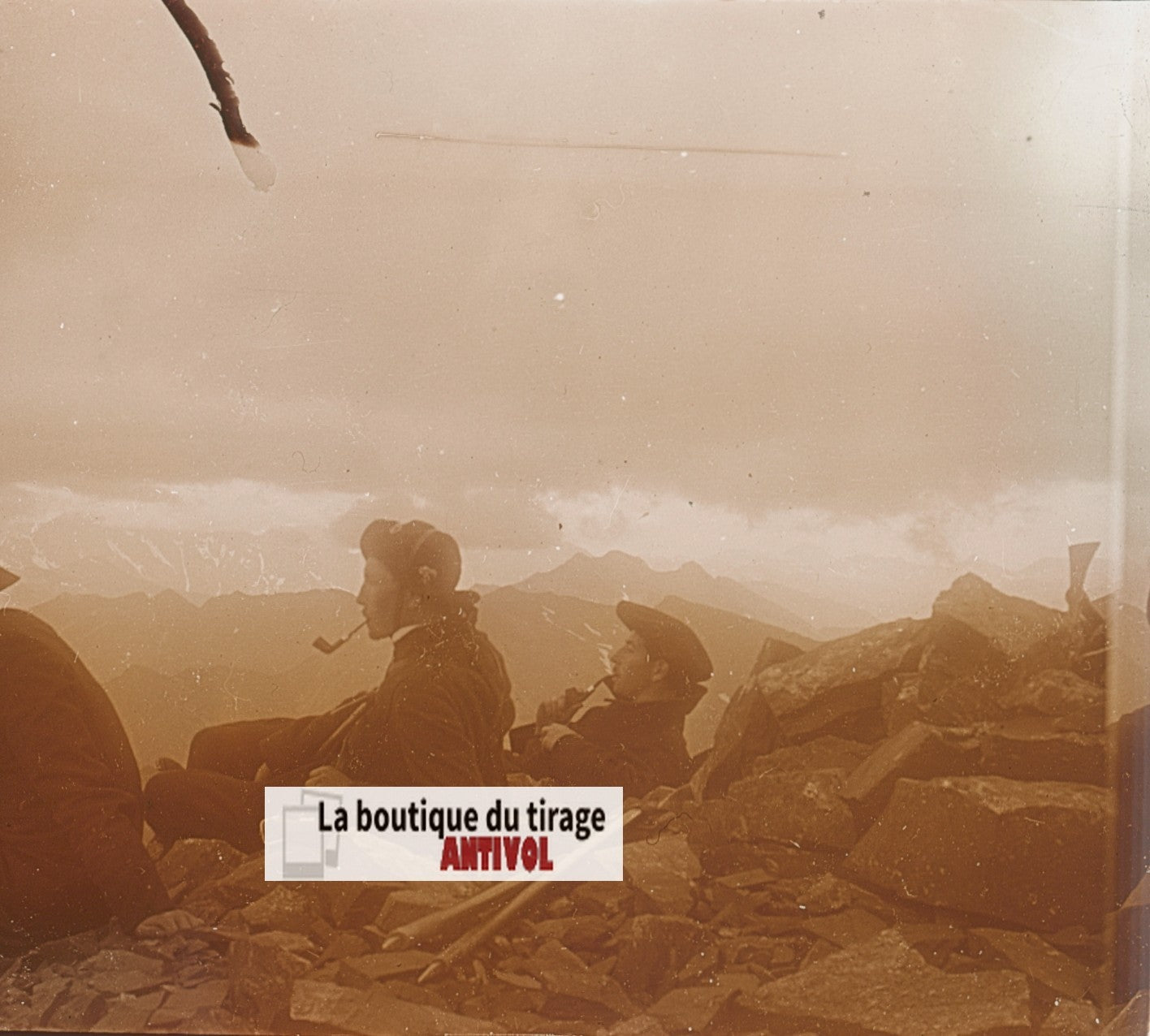 Sommet Punta Fulsa Espagne, plaque verre, photo ancienne stéréo, sépia 6x13 cm