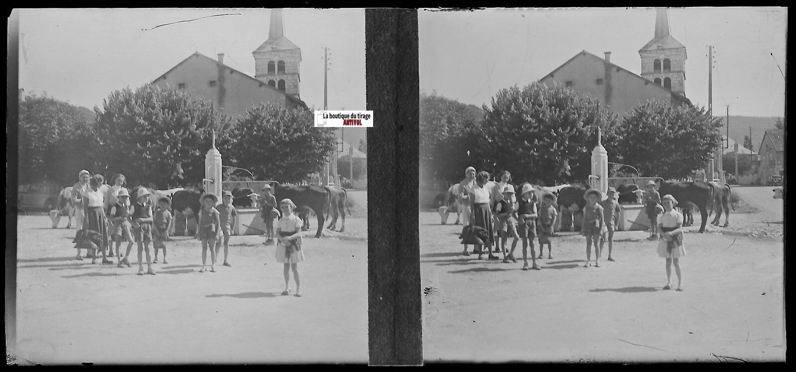 Village, enfants, Plaque verre photo, stéréo négatif noir & blanc 6x13 cm