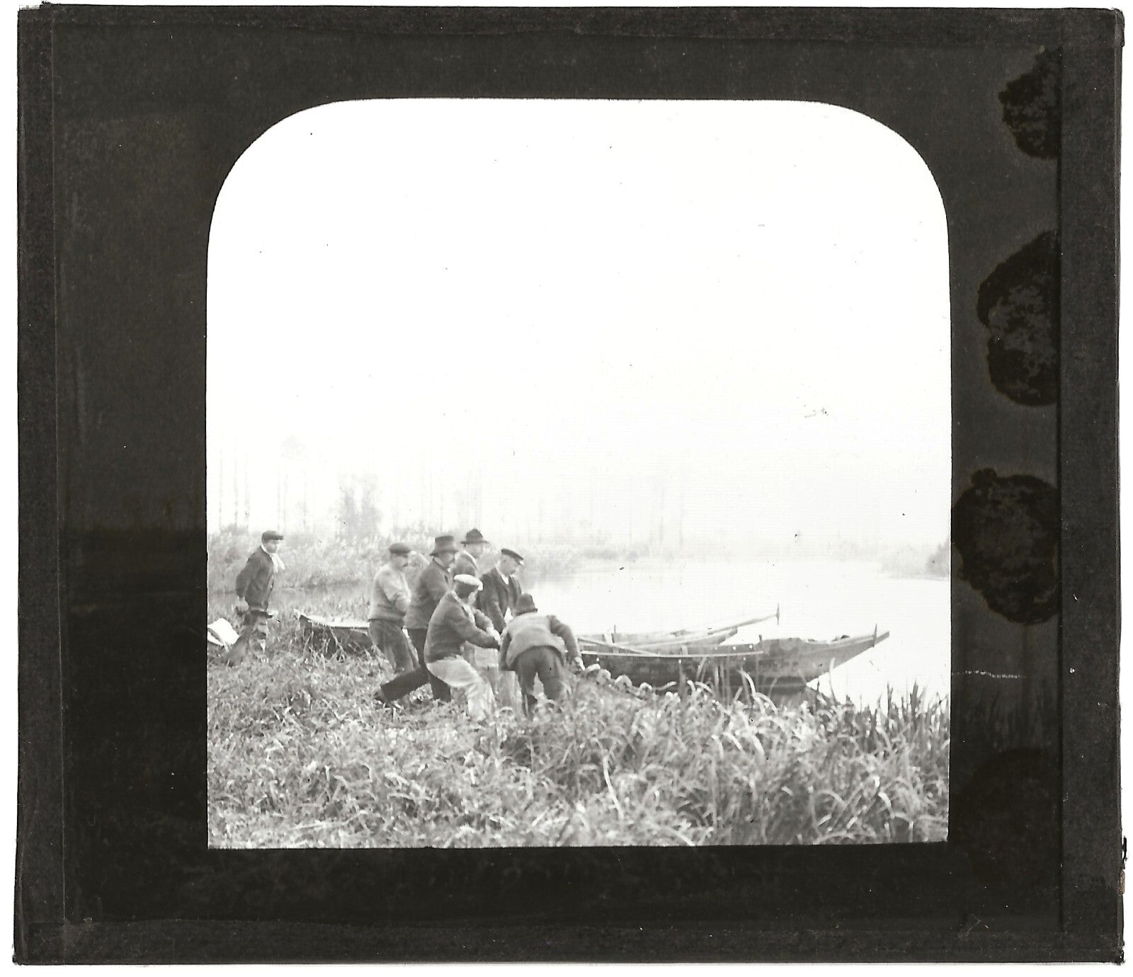 Seine, pêcheurs, France, photo ancienne plaque de verre, positif 8,5x10 cm