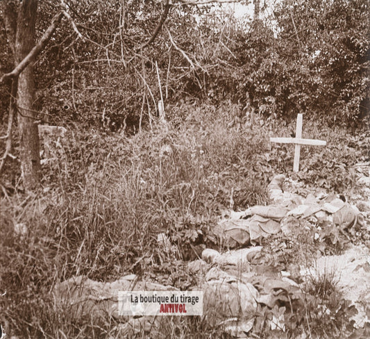 Morts, Ablain-Saint-Nazaire, guerre WW1, plaque verre stéréo, photo 4,5x10,7 cm
