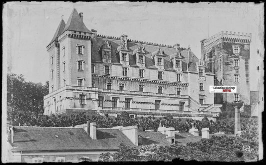Plaque verre photo vintage, négatif noir & blanc 9x14 cm, façade château Pau
