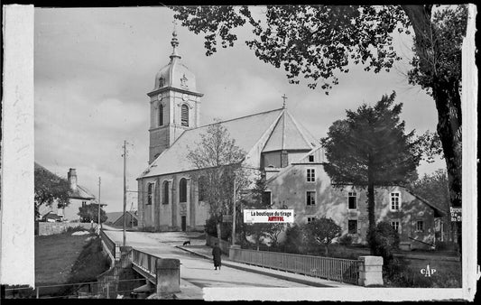 Plaque verre photo ancienne, négatif noir & blanc 9x14 cm, église de Mouthe