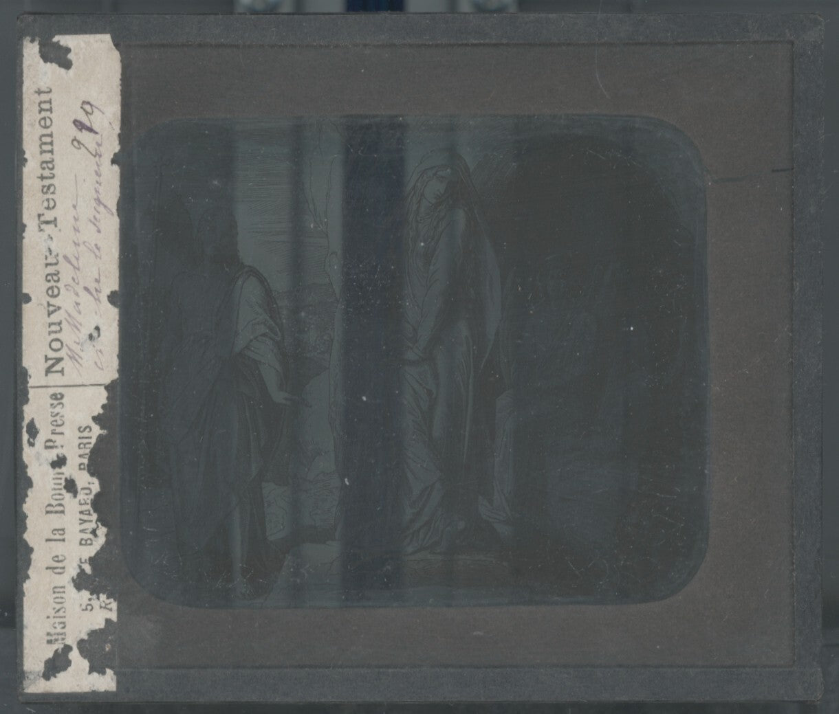 Scène religieuse, dessin, plaque de verre, noir & blanc, positif 8,5x10 cm