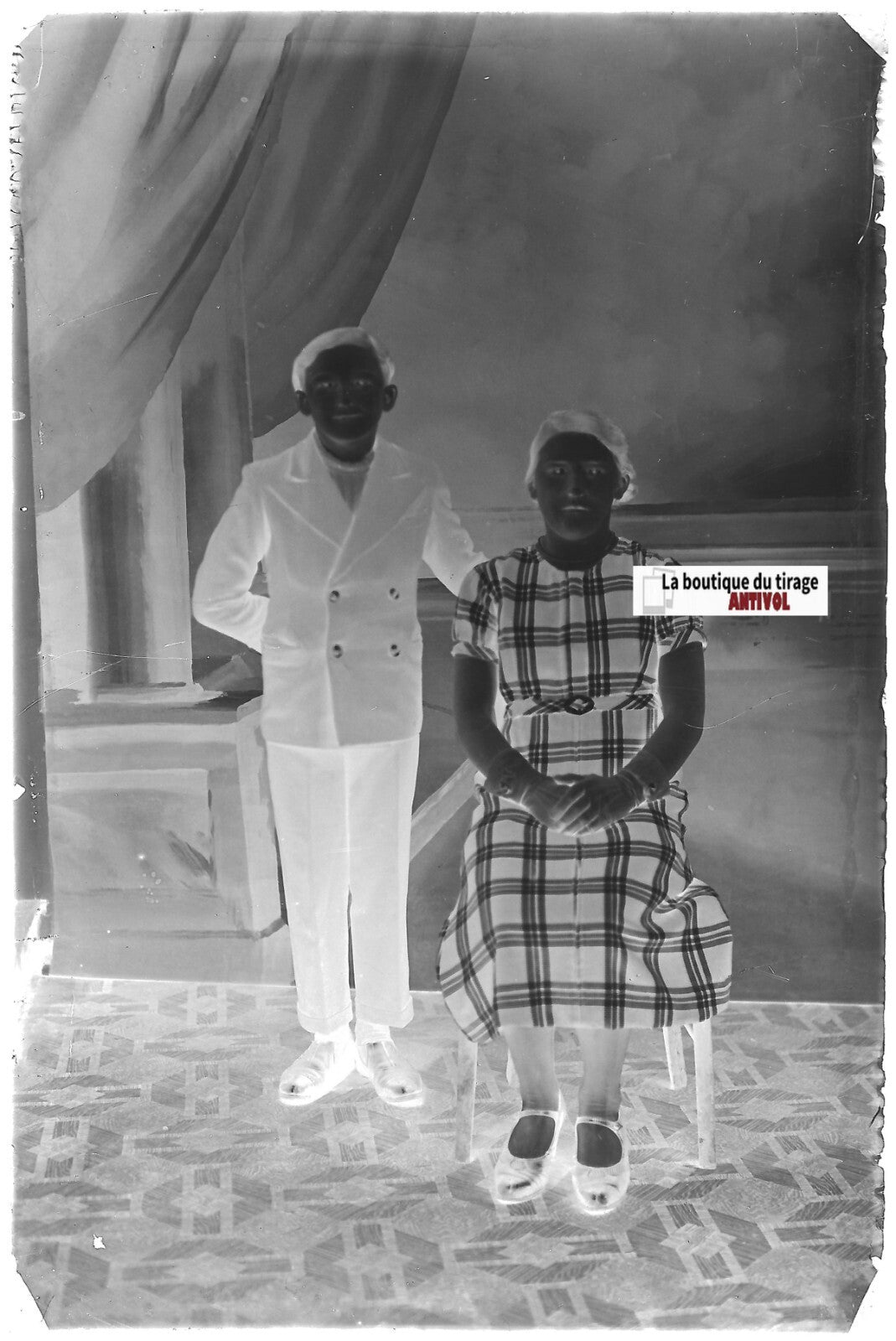Famille, maman, fils, Plaque verre photo ancienne, négatif noir & blanc 10x15 cm