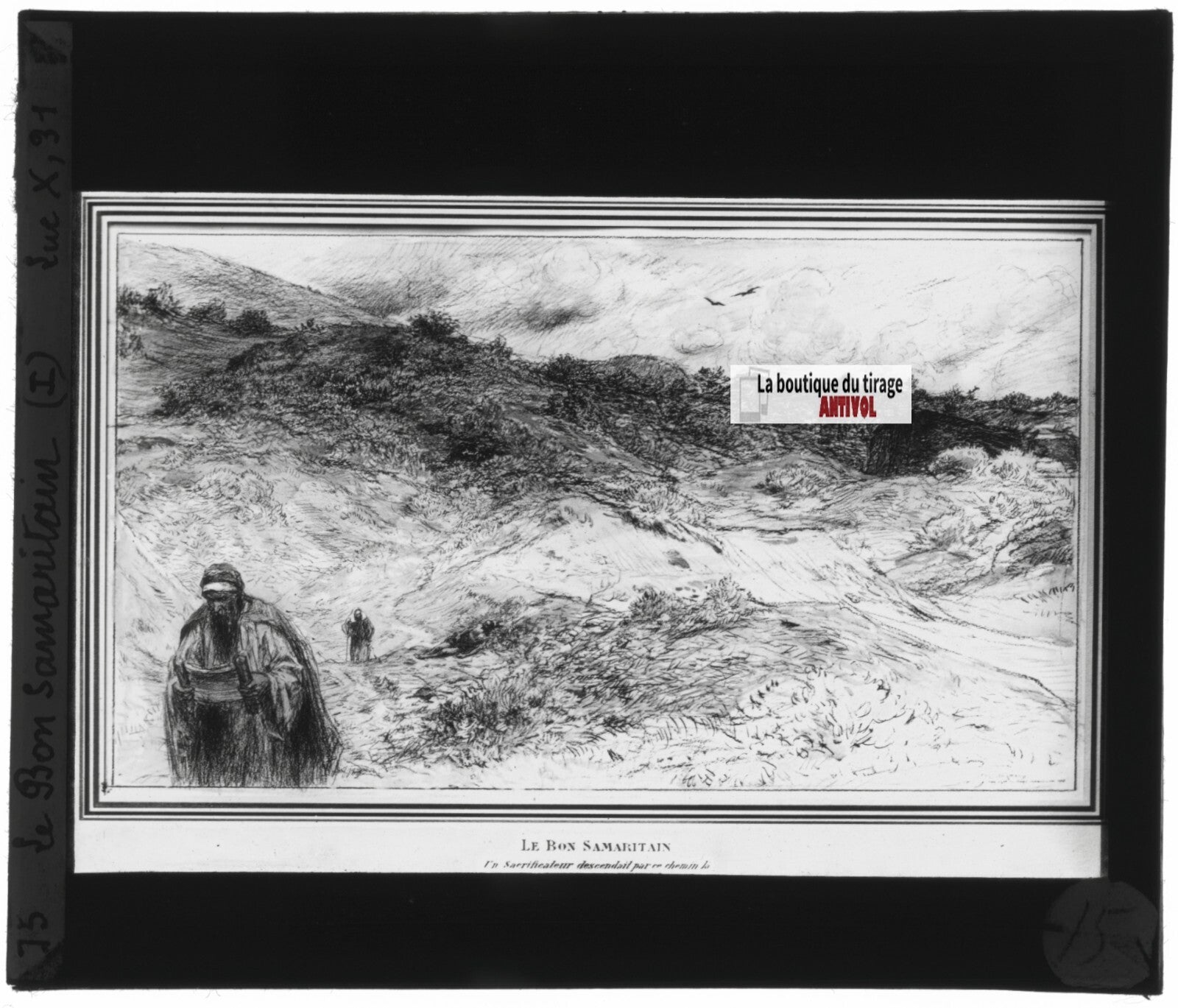 Luc, scène religieuse, dessin peinture plaque de verre, positif 8,5x10 cm