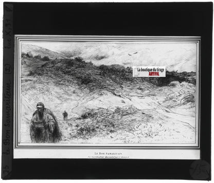 Luc, scène religieuse, dessin peinture plaque de verre, positif 8,5x10 cm