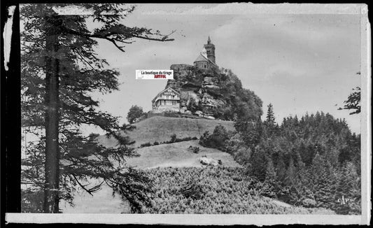 Plaque verre photo, négatif noir & blanc 9x14 cm, Dabo, Chapelle et hôtel, forêt