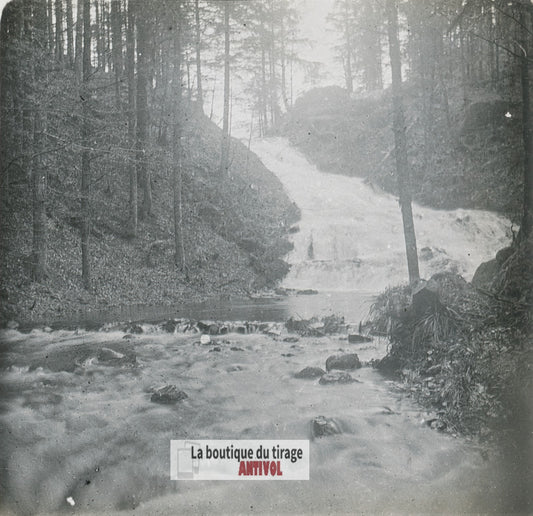 Cascade de Retournemer, plaque verre stéréo, photo ancienne 4,5x10,7 cm