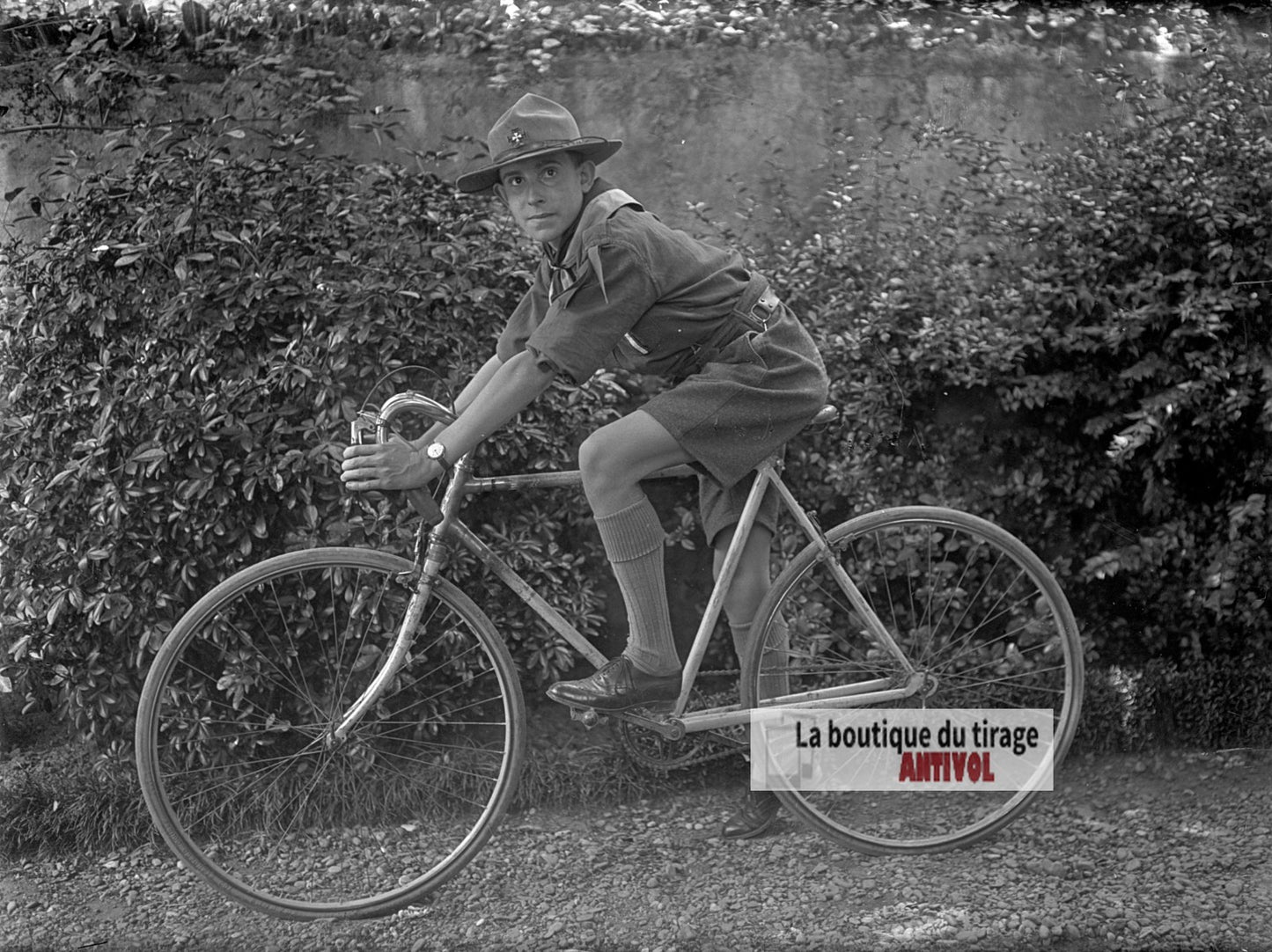 Jeune scout à bicyclette, portrait, plaque verre photo ancienne, négatif 9x12 cm