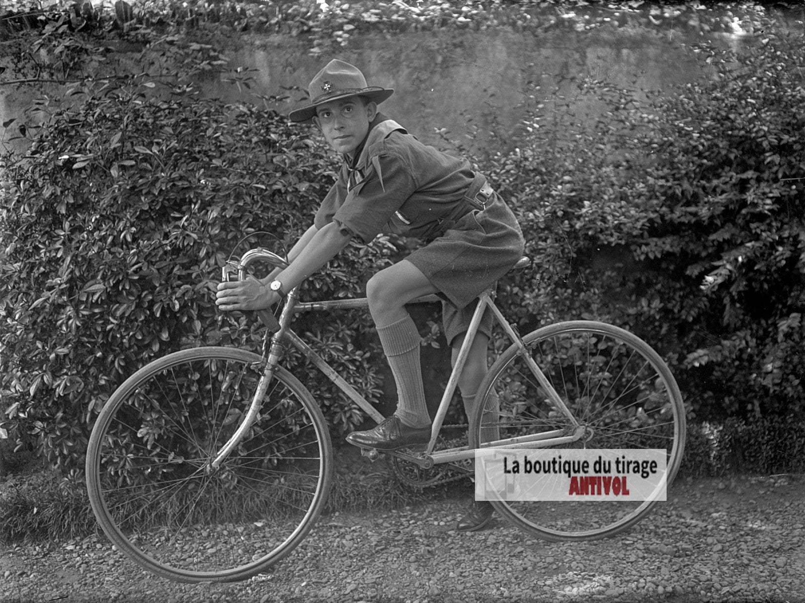 Jeune scout à bicyclette, portrait, plaque verre photo ancienne, négatif 9x12 cm