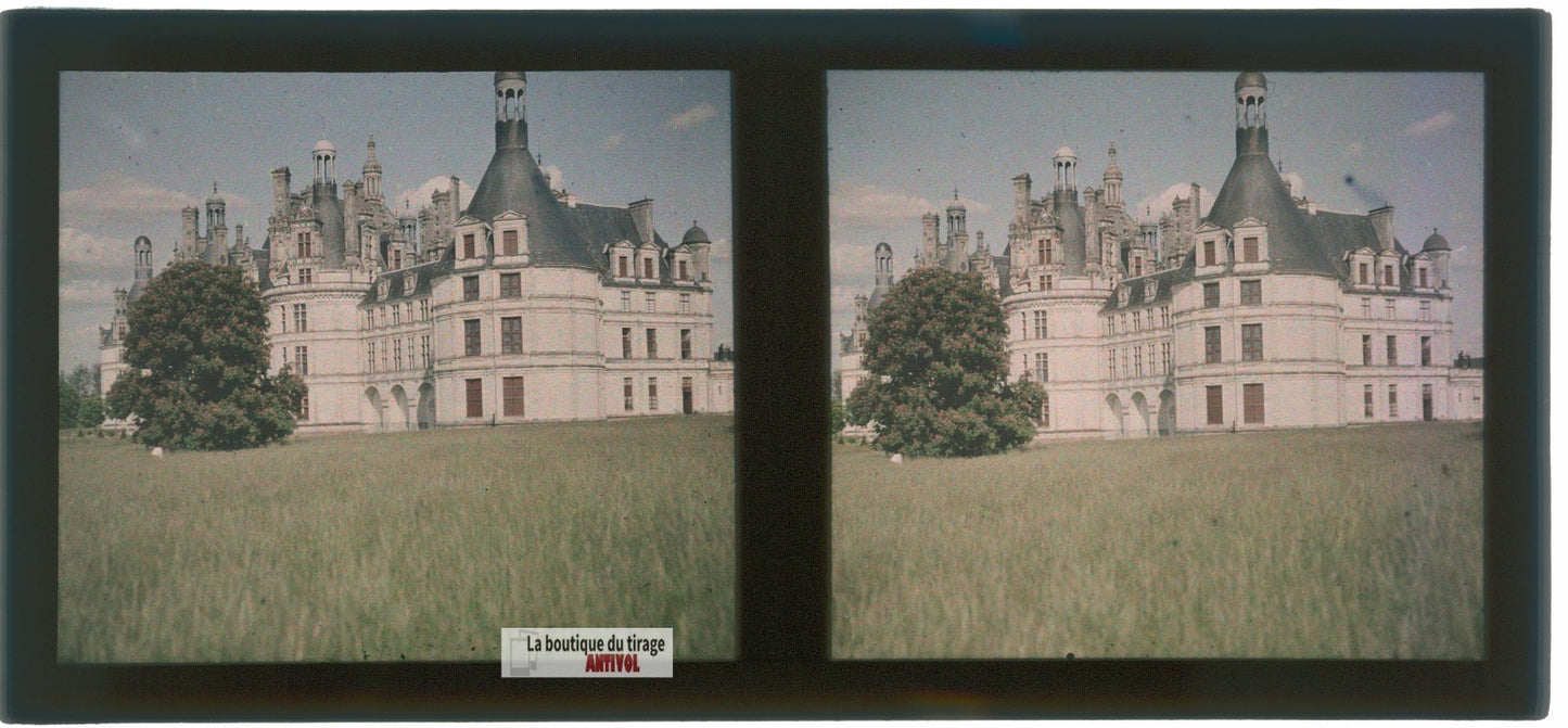 Château de Chambord, plaque verre, photo ancienne stéréo 6x13 cm Autochrome