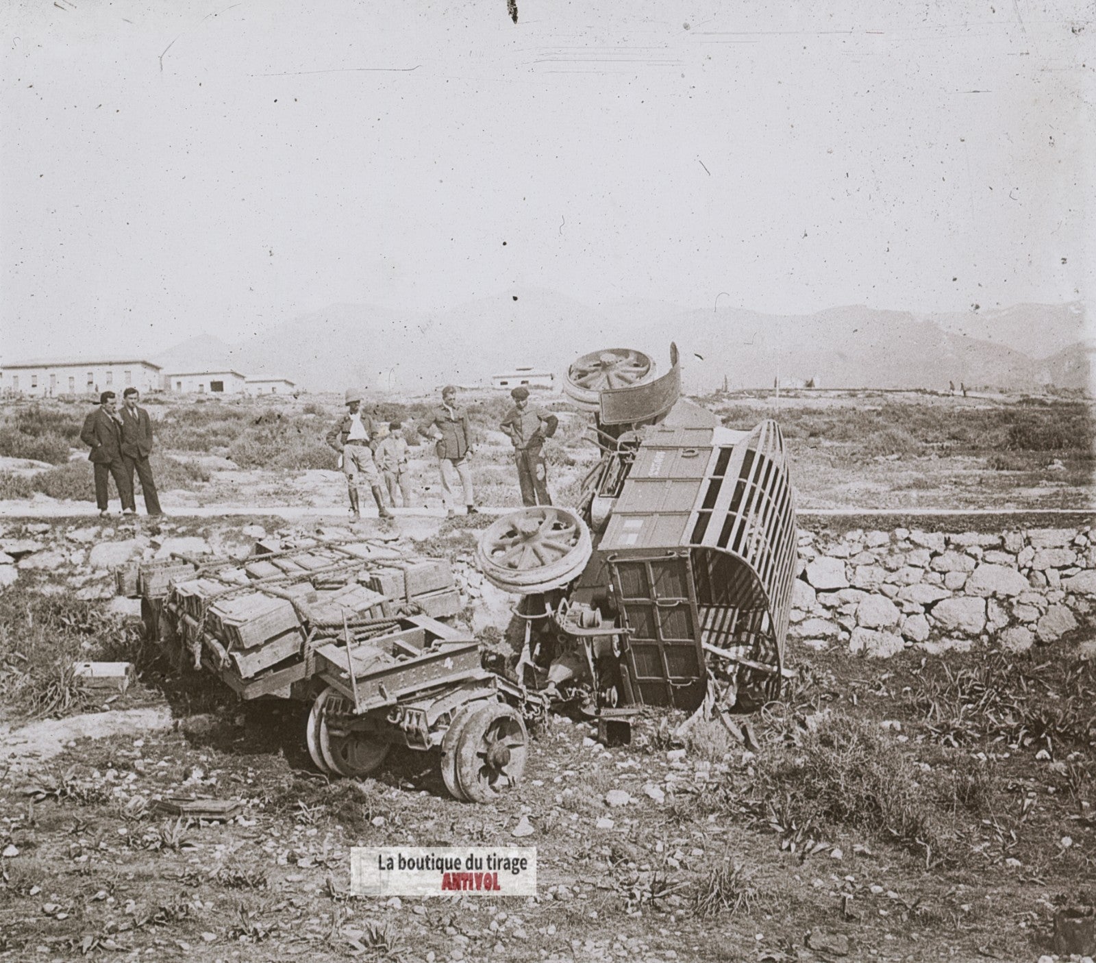Accident de camion militaire, plaque de verre, photo ancienne stéréo 6x13 cm