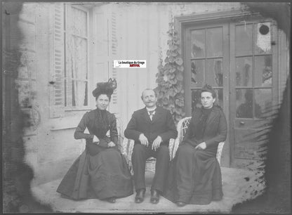 Homme, femmes, Loire, Plaque verre photo ancienne, négatif noir & blanc 13x18 cm