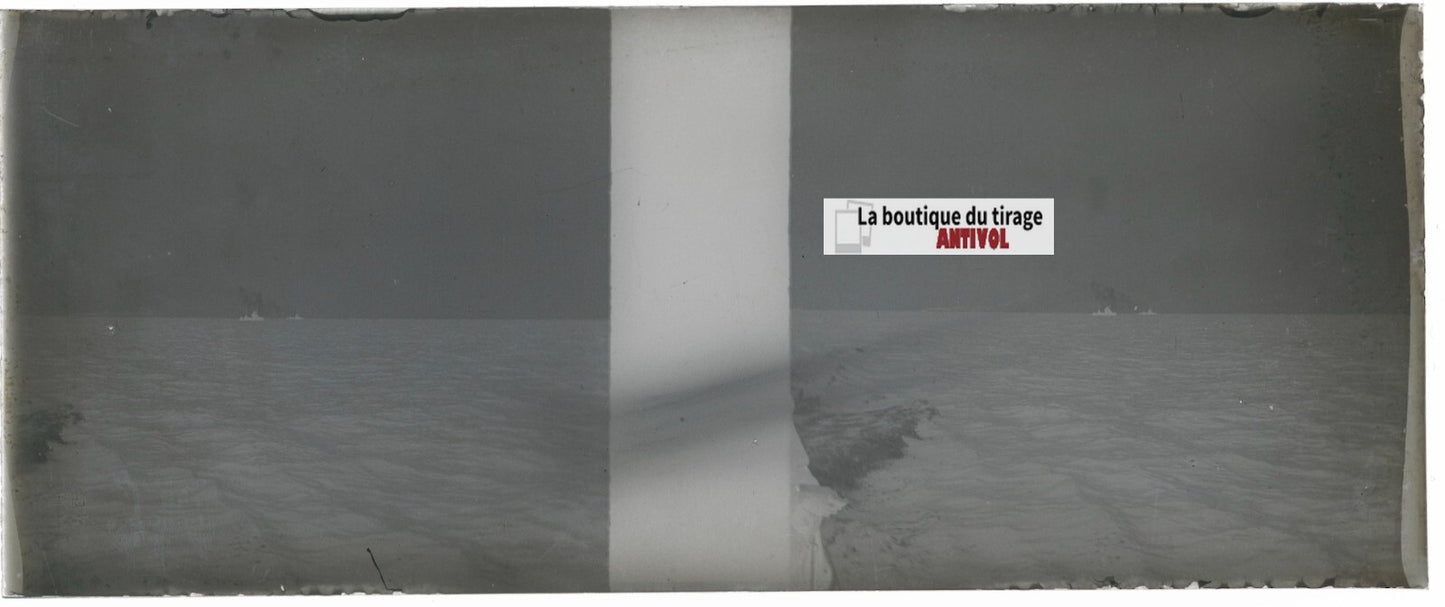 Bateau, mer, Plaque verre stéréoscopie, négatif noir & blanc 4,5x10,7 cm