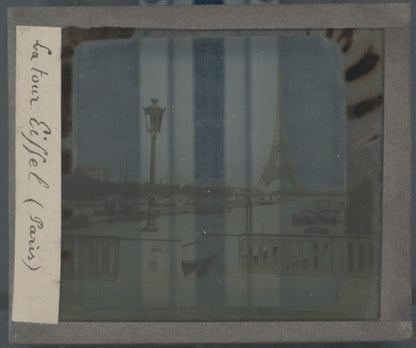 Tour Eiffel, la Seine, Paris, photo plaque verre, sépia, positif 8,5x10 cm