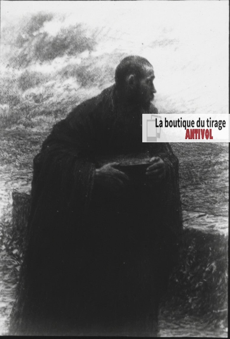 Matthieu, scène religieuse, dessin peinture plaque de verre, positif 8,5x10 cm