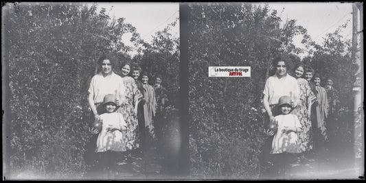Famille, jardin, stéréoscopie, photo ancienne plaque verre, négatif 9x18 cm