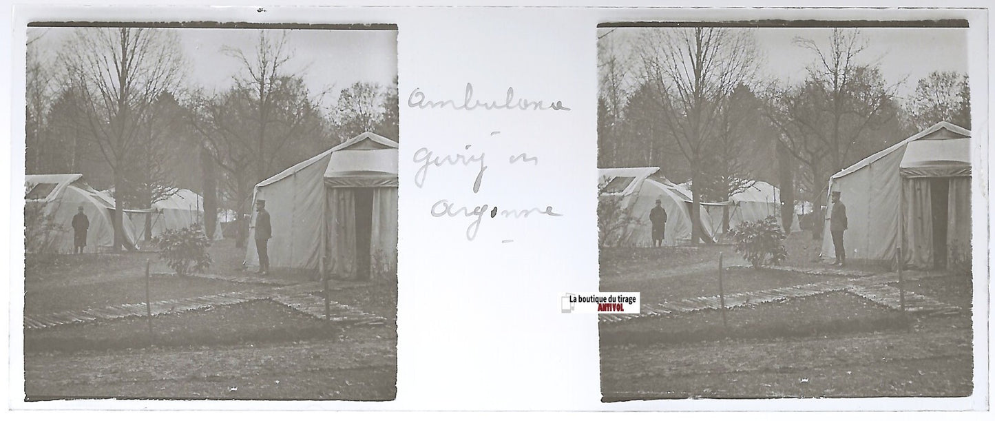 Givry-en-Argonne, soldats, Plaque verre stéréo, positif noir & blanc 4,5x10,7 cm